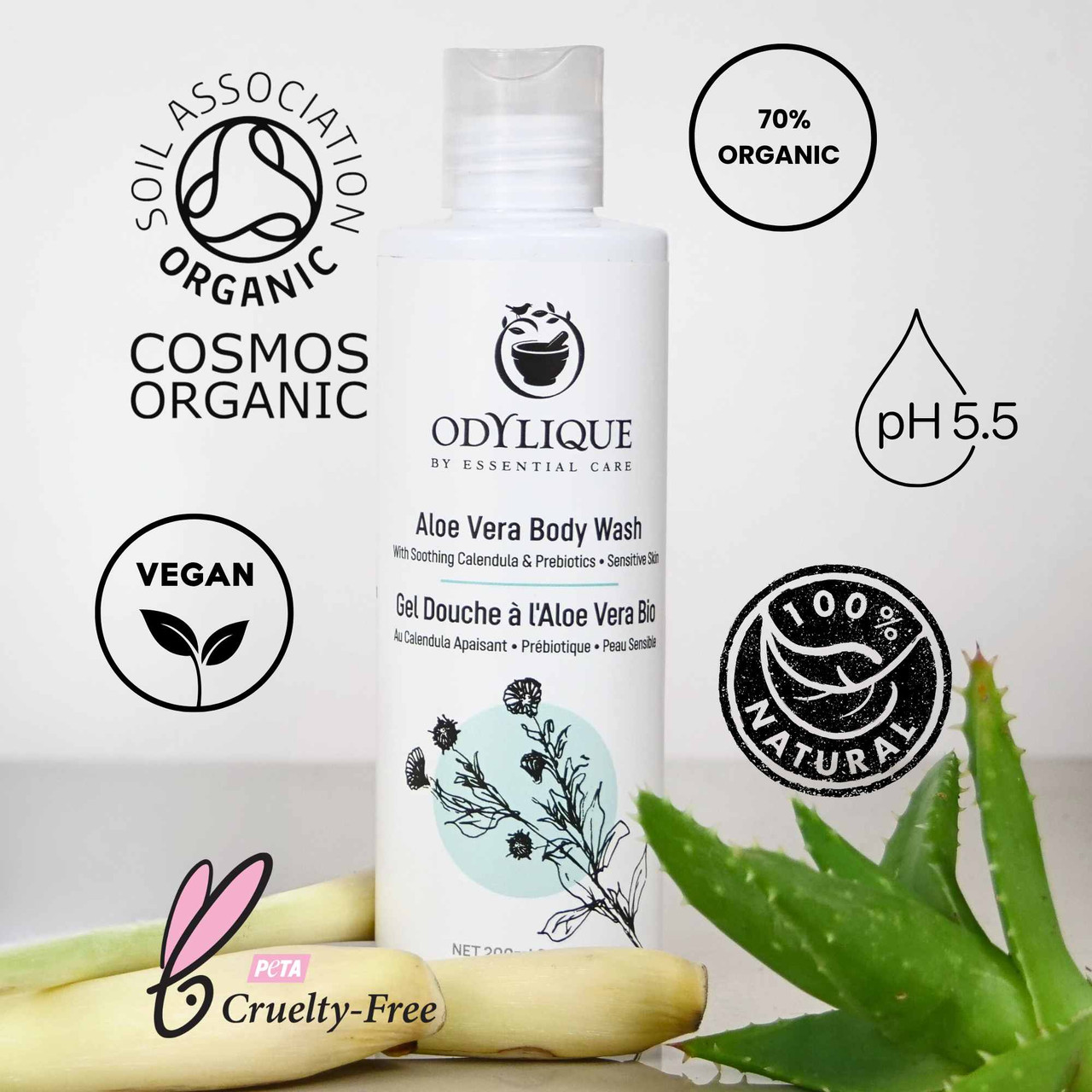 Odylique Aloe Vera Ultra jemný sprchový gél bez parfumácie pre citlivú pokožku Body Wash 200ml – Obrázok 3